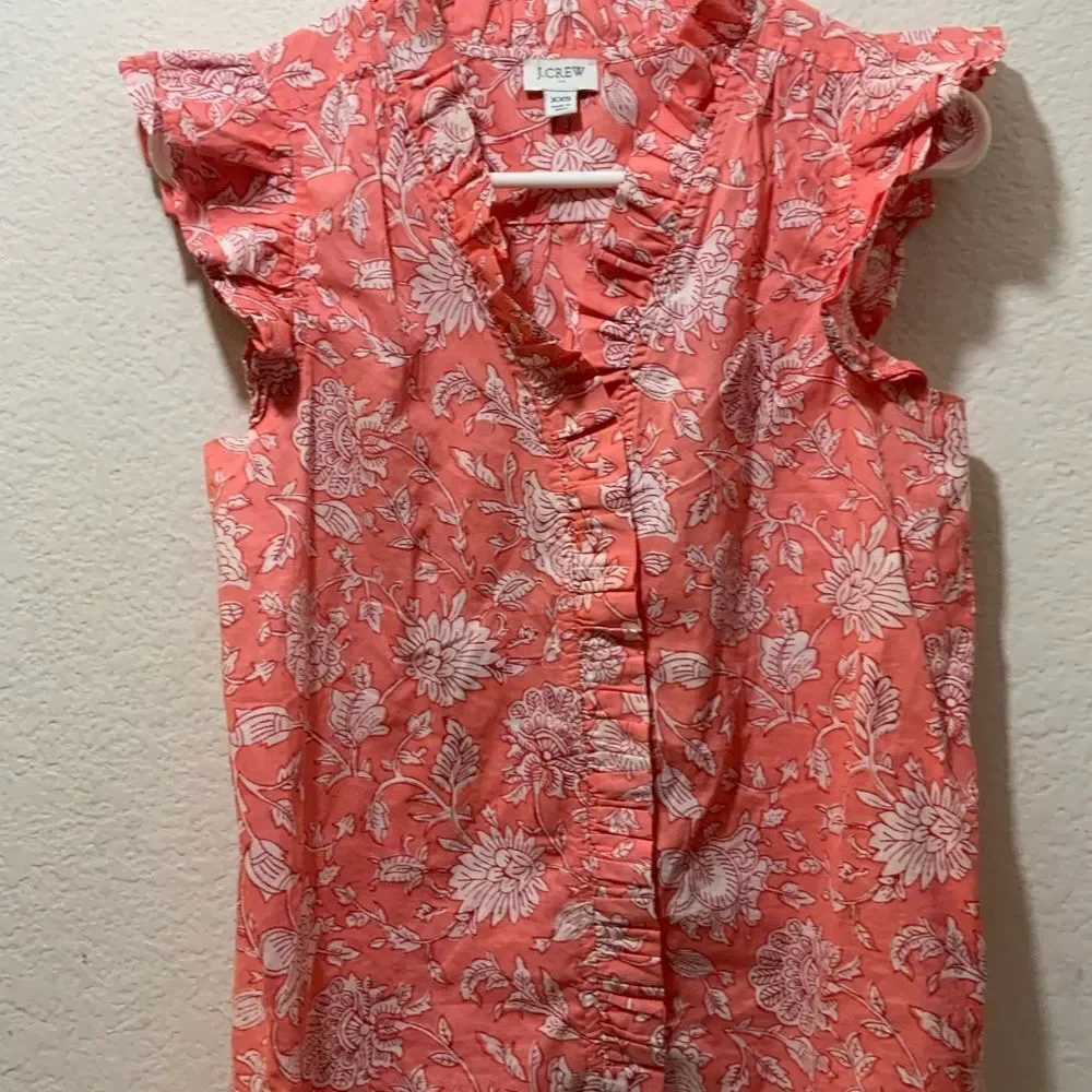 J Crew Womens Sleeveless Shirt Large Colorful Floral Ruffles Preppy Resort